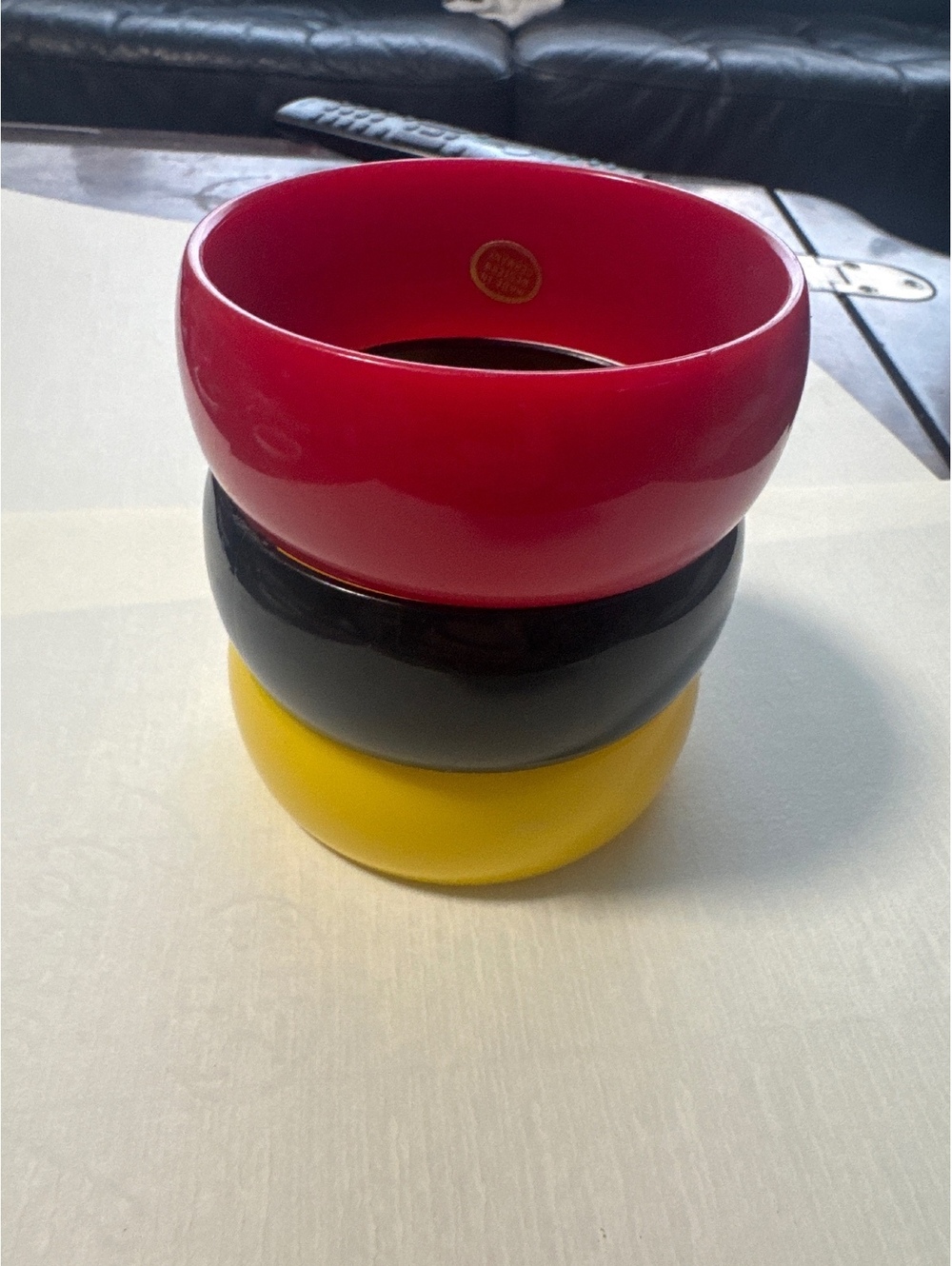 3 Vintage 1980s Colorful Resin Bangle Bracelet Red Black Yellow Chunky Germany
